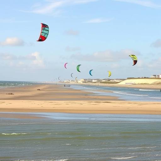 Photo de Location 2 : Plage de Wissant avec des kitesurfeurs par une journée venteuse.