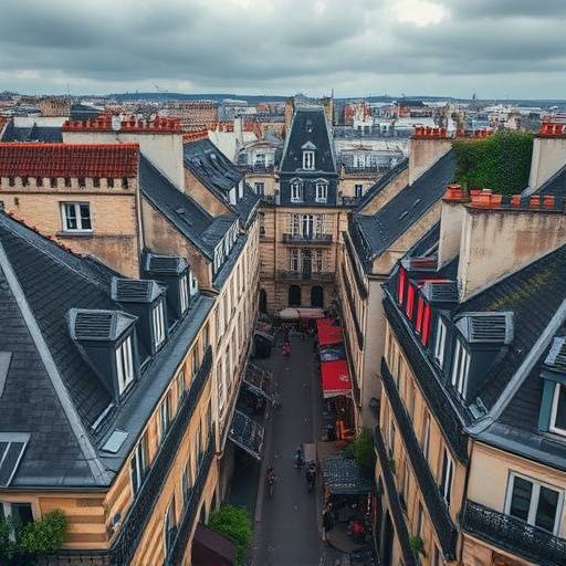 Photo de Location 3 : Vue plongeante sur les rues animées du quartier du Marais depuis un toit parisien.